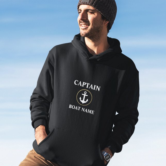 Sudadera Capitán Náutico Nombre de barco Anchor Oro Negro (Customize to change text size. Choose from a variety of shirt colors and styles.)