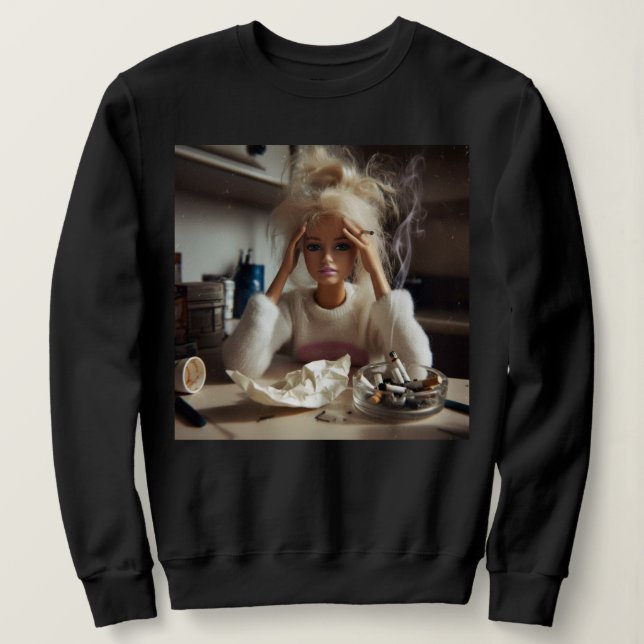 Sudadera Cara de muñeca divertida angustiado Meme fumando s (Anverso del diseño)