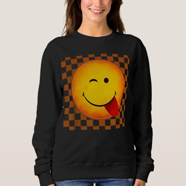 Sudadera Cara Sonriente Patrón de Cuadros Cara Feliz Retro (Anverso)