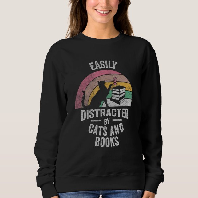 Sudadera Cat Book Retro Easily Distracted by Cats And Books (Anverso)