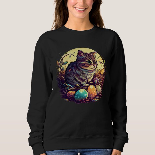 Sudadera Cat Illustration Easter Graphic with Eggs for Cat (Anverso)