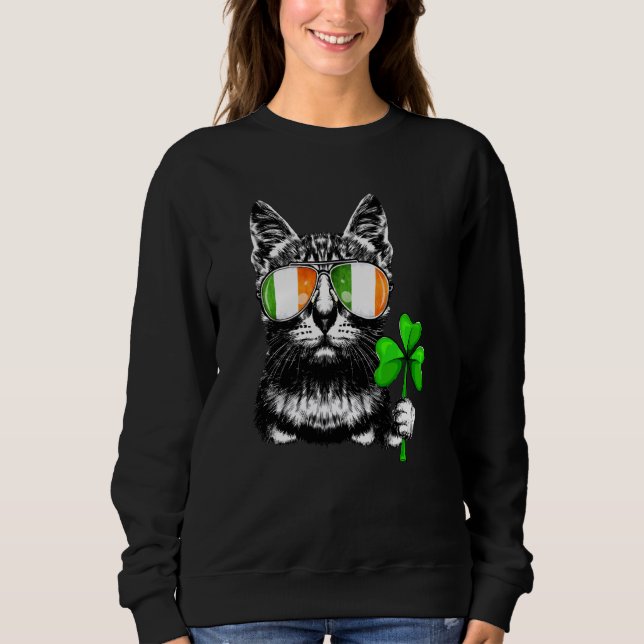 Sudadera Cat Ireland Flag Gafas de sol Shamrock St Patrics  (Anverso)