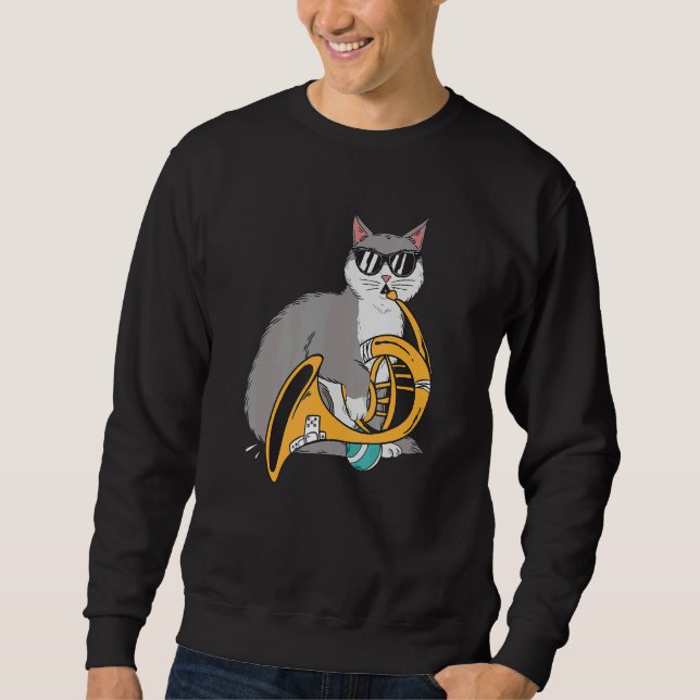 Sudadera Cat Playing French Horn Playing Music Black Glasse (Anverso)