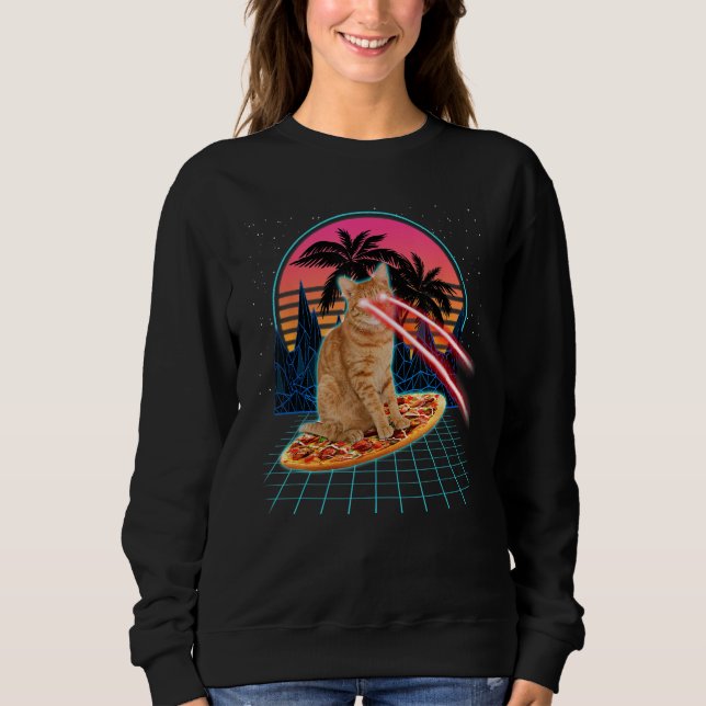 Sudadera Cat Riding Pizza Laser Eyes 80s Cat In Space Cats (Anverso)