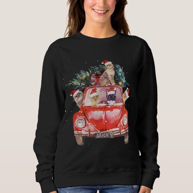 Sudadera Cat Riding Red Truck Árbol de Navidad Cat Santa Ha (Anverso)
