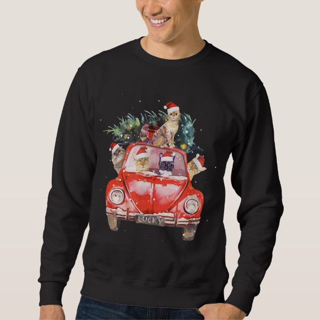 Sudadera Cat Riding Red Truck Árbol de Navidad Cat Santa Ha (Anverso)