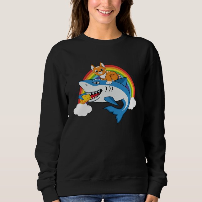 Sudadera Cat Riding Shark Eating Cheese With Rainbow For Ca (Anverso)