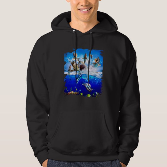 Sudadera Cat riding shark in the ocean on the beach (Anverso)