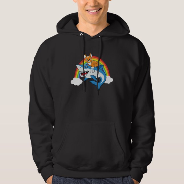Sudadera Cat Riding Shark With Rainbow For Cat Mom Cat Dad  (Anverso)