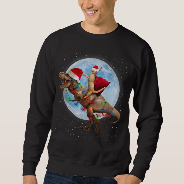 Sudadera Cat Santa Hat Riding Dinosaur T rex Moon Navidades (Anverso)