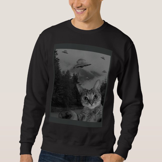 Sudadera Cat Selfie UFO Sighting  Alien Conspiracy Sci Fi L (Anverso)