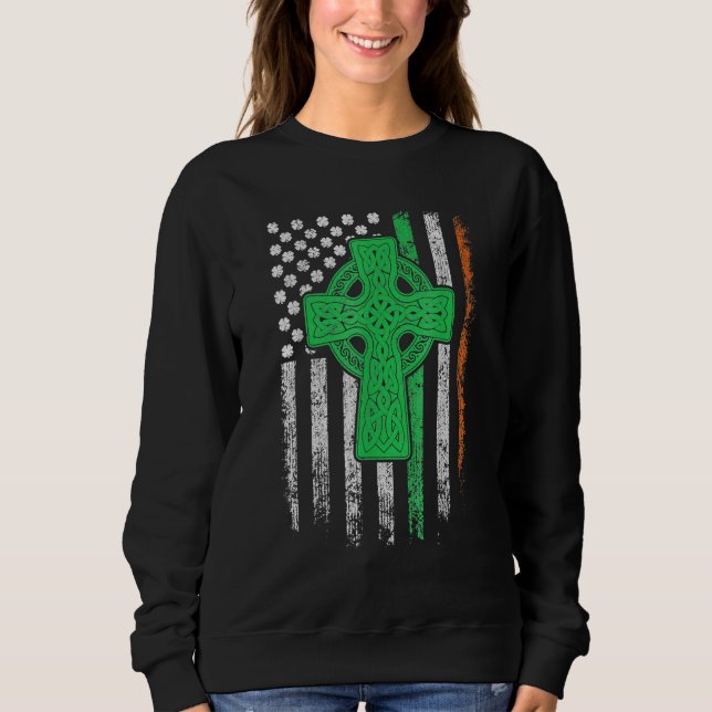 Sudadera Celtic Cross Irish American Flag St Patrick's Day  (Anverso)
