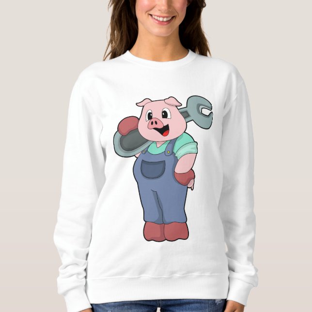 Sudadera Cerdo como mecánico con llave inglesa (Anverso)