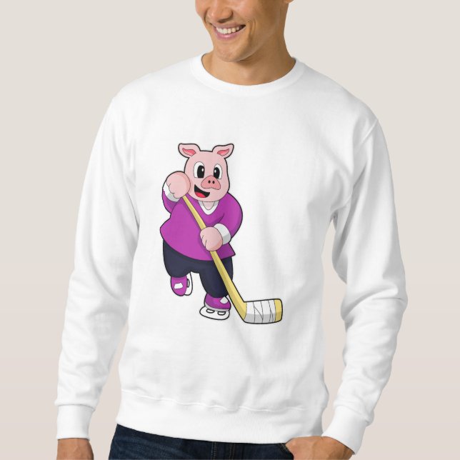 Sudadera Cerdo en hockey sobre hielo con bastón de hockey s (Anverso)