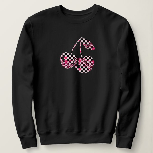 Sudadera Cerezas Estampadas con Cuadros y Corazones Rosas (Anverso del diseño)