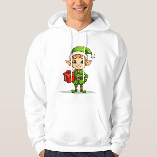 Sudadera Cheerful Christmas Elf with Gift – Holiday Hoodie (Anverso)