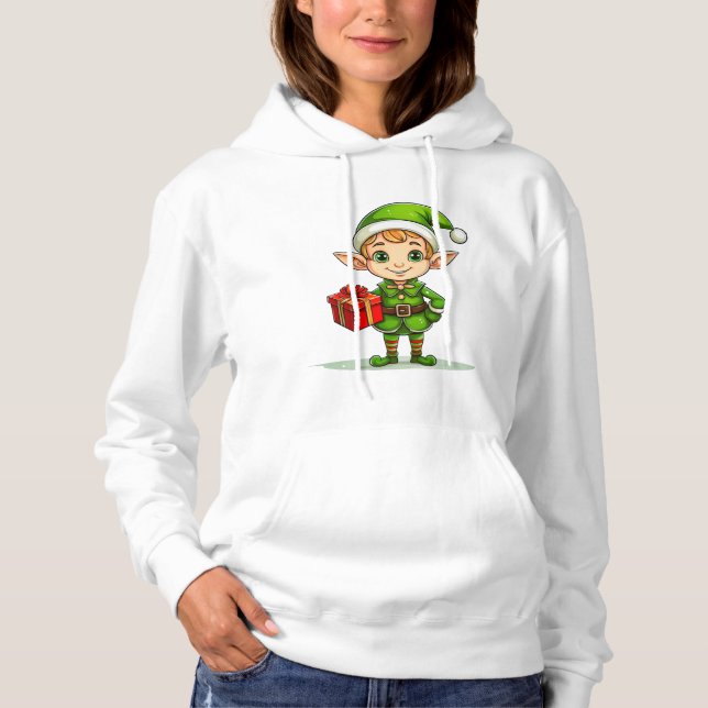 Sudadera Cheerful Christmas Elf with Gift – Holiday Hoodie (Anverso)