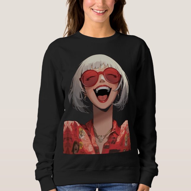 Sudadera Chica Anime Alegre: Cabello Gris, Gafas Rojas, Rob (Anverso)