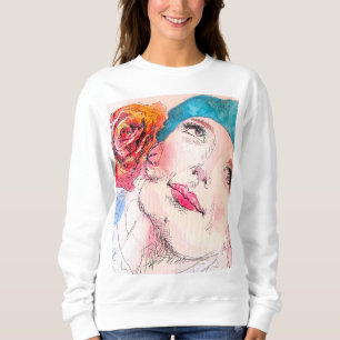 Sudadera Chica con Chicas Red Rose Beret Watercolor Pink