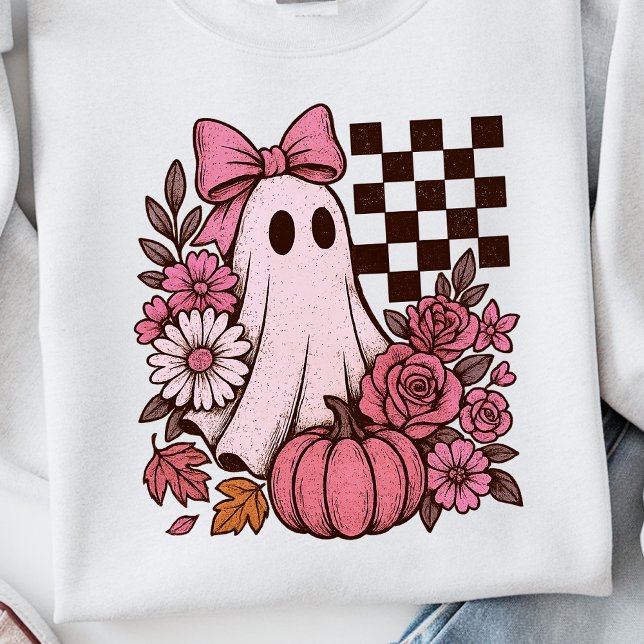 Sudadera Chica fantasma de coqueta rosa retro con Bow Hallo (This coquette ghost retro Halloween design combines floral sweetness with spooky spirit.)