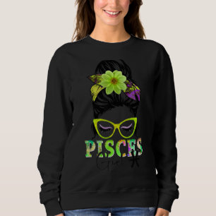 Sudadera Chica Pisces Cumpleaños Messy Bun Hair Colorful Fl