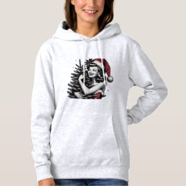 Sudadera Chica retro abrazando el árbol de Navidad
