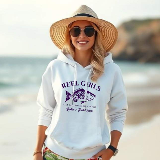 Sudadera Chicas Reel estilo Bachelorette-Fisherman-Purple (Bachelorette Bridal Crew Hoodie, Reel Girls Fisherman Style Hawaiian Purple)