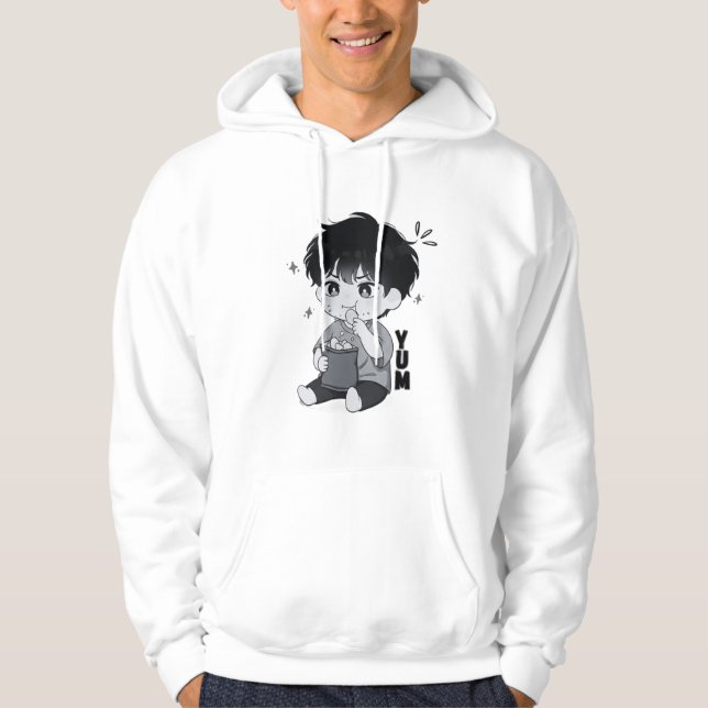 Sudadera Chico Chibi Comiendo Relatable Ilustración Comida  (Anverso)