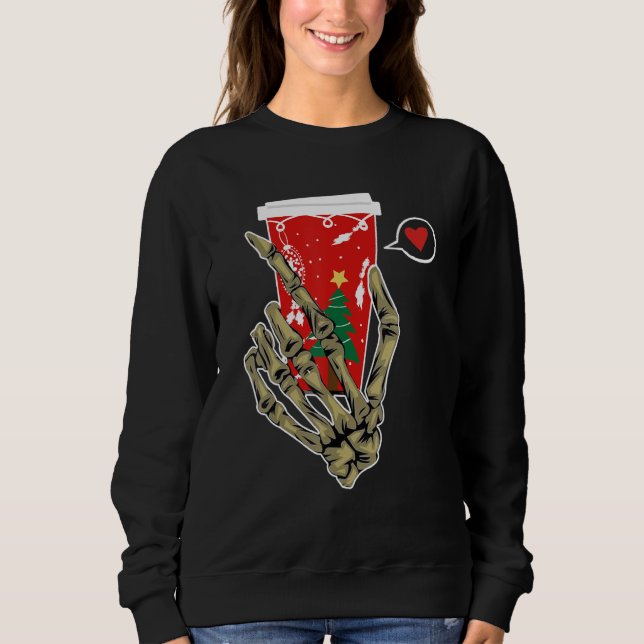 Sudadera Christmas Skeleton Hand Drinking Coffee Latte Paja (Anverso)