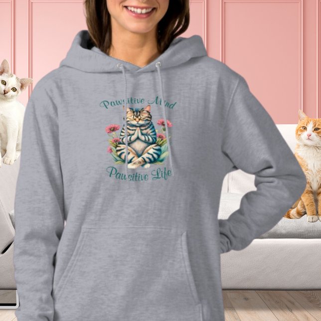 Sudadera Cita Inspiradora positiva de gato de meditación di (Positive Mind Positive Life Funny Inspirational Quote Cat Pun Hoodie )