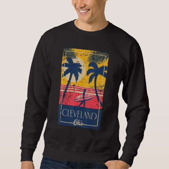 Sudadera Cleveland Ohio Retro Palm Trees Surf Distressed De (Anverso)