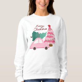 Sudadera Coche rosa y verde con árbol de Navidad
