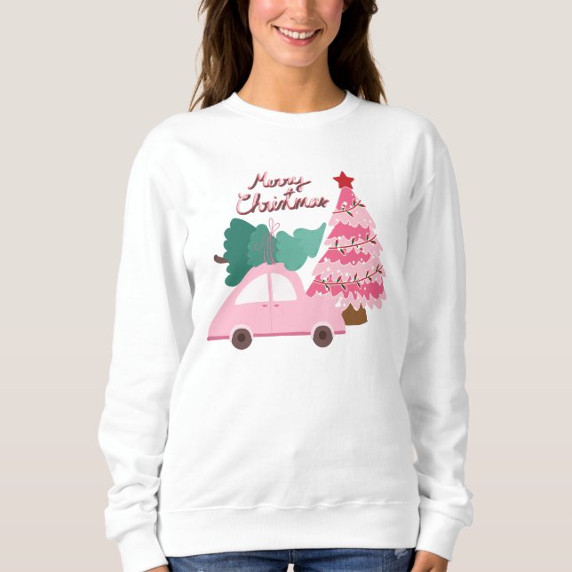 Sudadera Coche rosa y verde con árbol de Navidad (Anverso)
