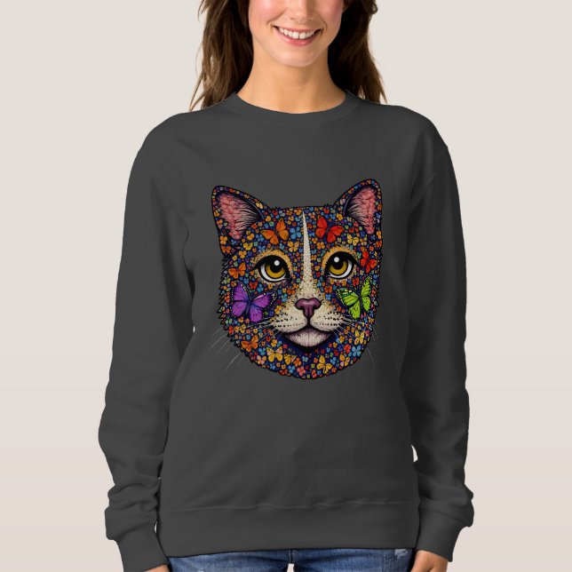 Sudadera Colorful Butterfly Blooms Cat Portrait Kitty Lover (Anverso)