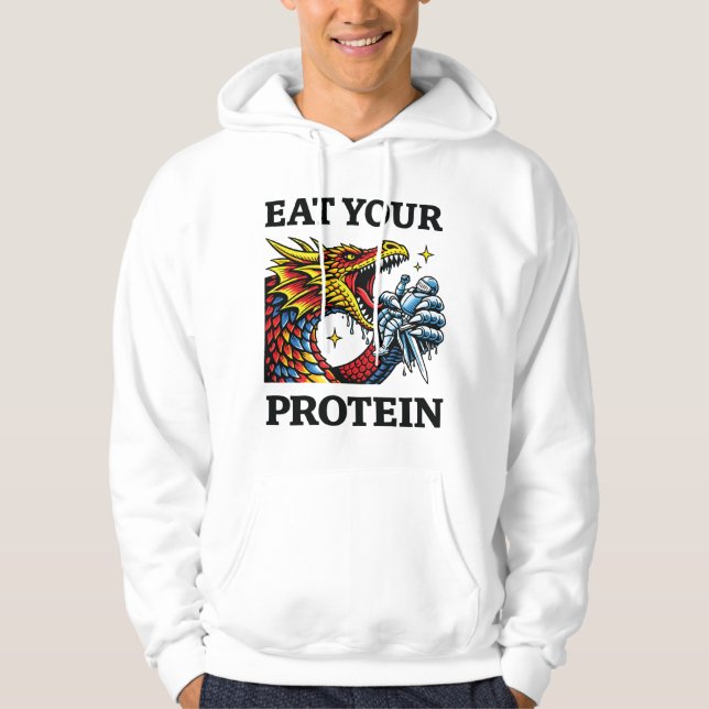 Sudadera Come Proteínas – Caballero Épico Come Dragones (Anverso)