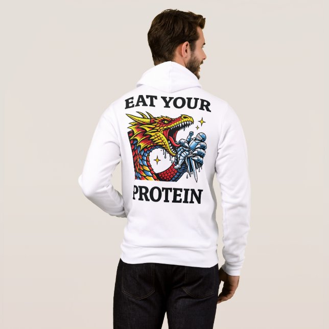 Sudadera Come Proteínas – Caballero Épico que Come Dragones (Reverso completo)