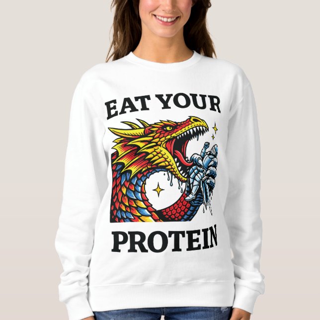 Sudadera Come tu Proteína – Caballero Épico Comiendo Dragón (Anverso)