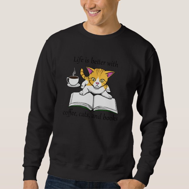 Sudadera Cómodo Libro Leyendo Café Y Gatos (Anverso)
