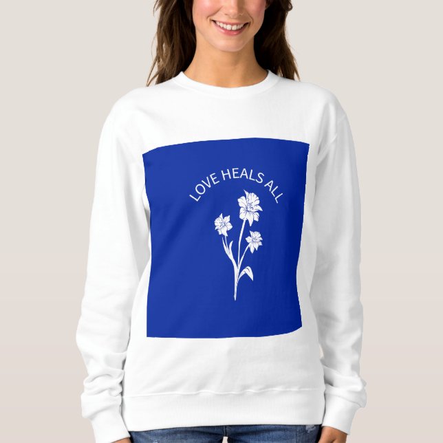 Sudadera con acento azul real "El amor cura todo" (Anverso)