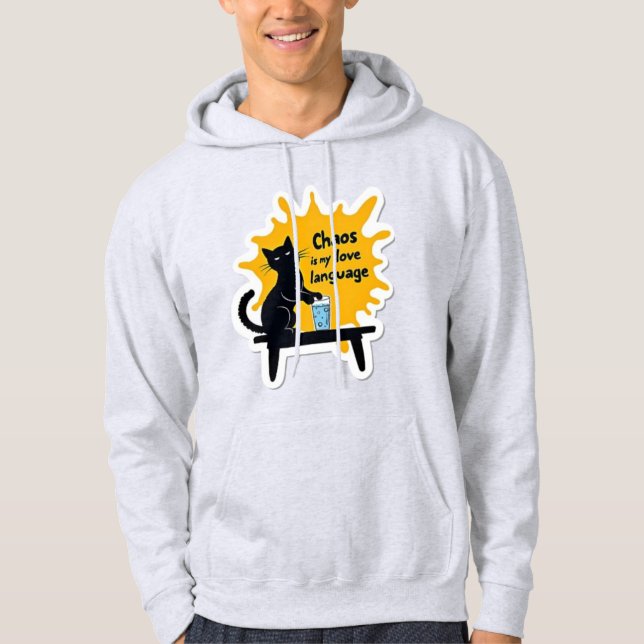 Sudadera con capucha de gato negro Caos es mi idio (Anverso)