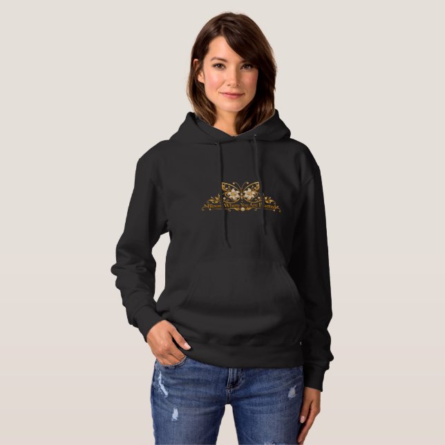 Sudadera con capucha de mariposa dorada 'Florece d (Anverso completo)