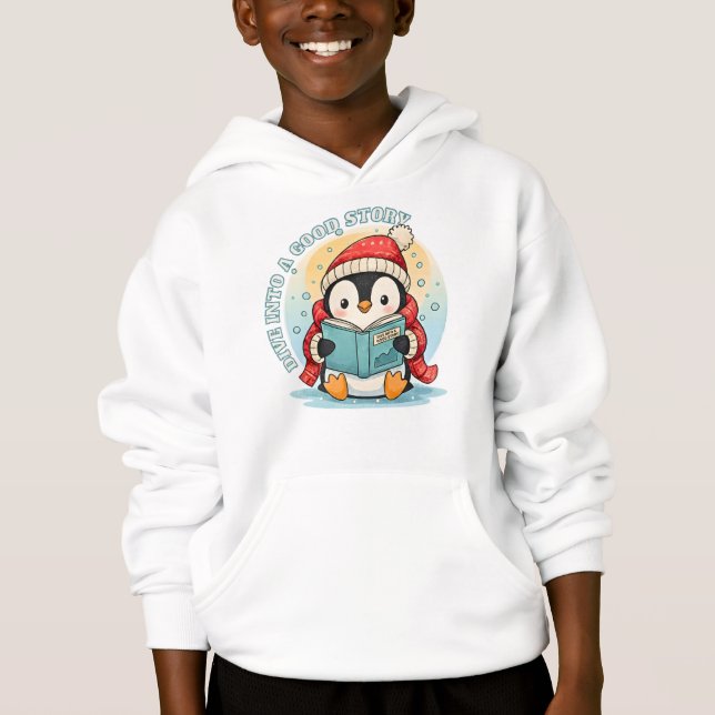 Sudadera con capucha para niños Pingüino de lectur (Anverso)