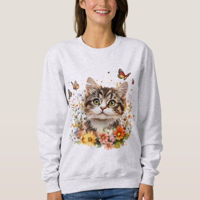 Sudadera con gatito adorable con flores (Anverso)
