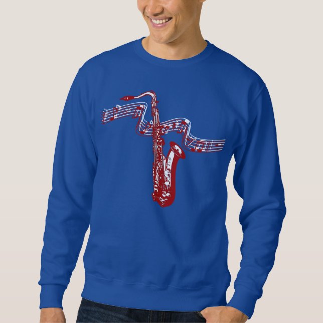 Sudadera con tema musical Saxofón Rojo y notas (Anverso)