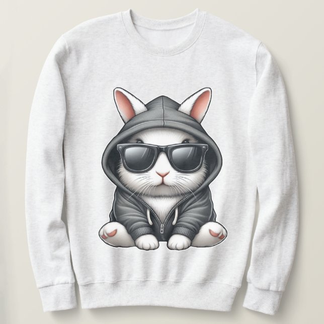 Sudadera Conejo blanco genial con capucha y gafas de sol (Anverso del diseño)