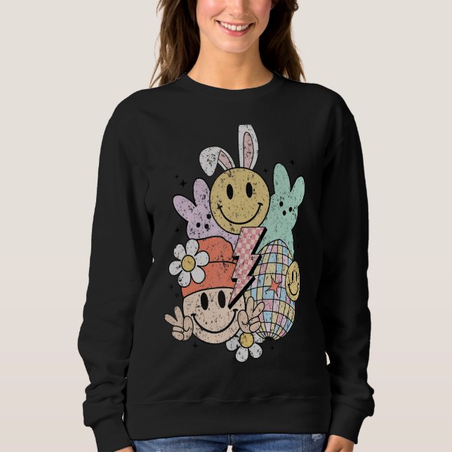 Sudadera Conejo de Pascua sonriente Groovy Lindo Feliz Pasc (Anverso)