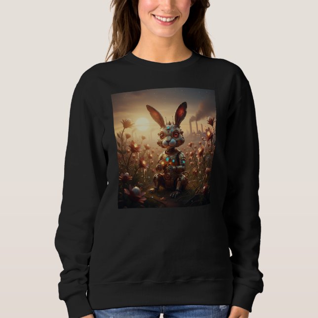 Sudadera Conejo Robot en Campo de Flores Steampunk (Anverso)