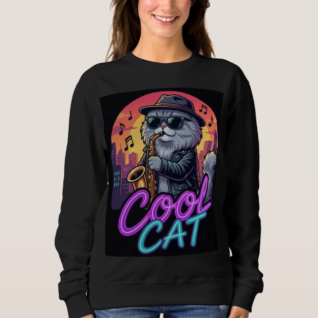 Sudadera Cool Cat Saxophone – Retro Neon 90s Jazz Cat Desig (Anverso)