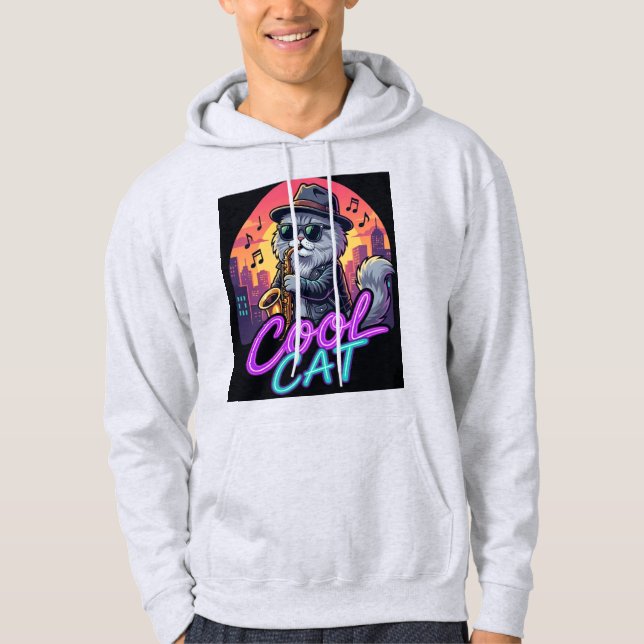 Sudadera Cool Cat Saxophone –Retro Neon 90s Jazz Cat Design (Anverso)