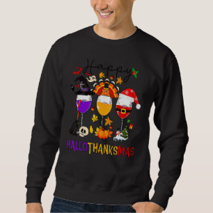 Sudadera Copas de vino Feliz Hallothanksmas Bruja Sombrero 